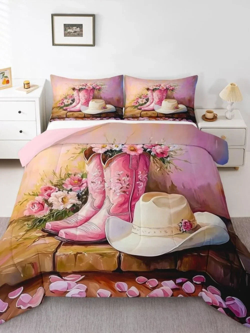 Western Cowgirl Twin Comforter Set for Girls Kids,Pink Cowgirl Boot Hat Bedding
